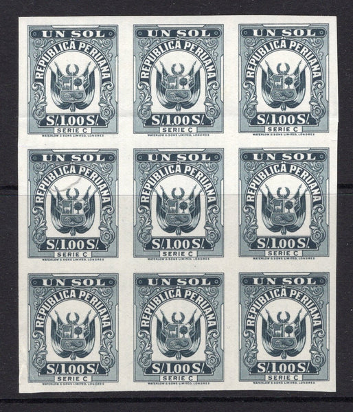 PERU - 1936 - REVENUE & PROOF: 1s grey black 'Waterlow' REVENUE issue (without Series letter), a superb IMPERF PLATE PROOF block of nine, gummed. (Akerman & Moll #Page 43)  (PER/36191)