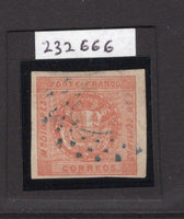 PERU - 1858 - CLASSIC ISSUES & ERROR: ½p rose 'Arms' issue with wavy lines ERROR OF COLOUR, a fine lightly used copy with four good to large margins. The stamp has a couple of small thins on reverse but is otherwise very attractive. Undoubtably the rarest stamp in Peruvian philately. 2021 RPSL certificate accompanies. (SG 4b)  (PER/36356)
