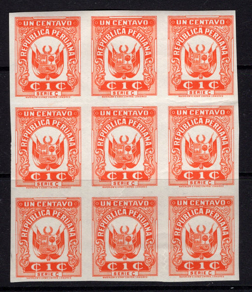 PERU - 1936 - REVENUE & PROOF: 1c orange 'Waterlow' REVENUE issue (Series C), a superb IMPERF PLATE PROOF block of nine, gummed. (Akerman & Moll #Page 43)  (PER/36562)