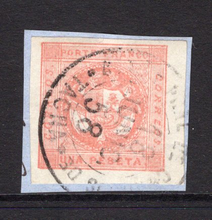 PERU - 1858 - CLASSIC ISSUES & CANCELLATION: 1p rose red 'Arms' issue with wavy lines, a superb used copy tied on piece by fine strike of TACNA cds dated 18 JUNIO 1858, four large margins. Exceptional quality. (SG 4)  (PER/38008)