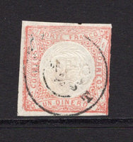 PERU - 1862 - CLASSIC ISSUES & VARIETY: 1d pale vermilion 'LeCoq' issue on thin paper (early impression) with variety FRAME STRUCK SIDEWAYS, a fine used copy with light cds. Four margins. Scarce. (SG 15a)  (PER/38016)