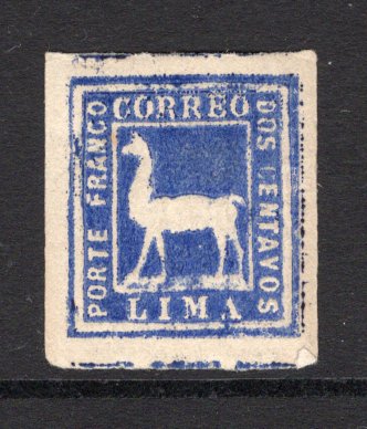 PERU - 1873 - CLASSIC ISSUES: 2c deep blue EMBOSSED 'Llama' issue, a fine, four margin mint copy with full O.G. (SG 23a)  (PER/38020)