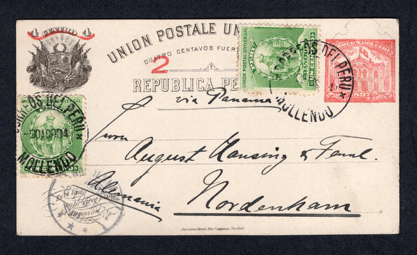 PERU - 1904 - POSTAL STATIONERY: 2c red on 4c black on white postal stationery card (H&G 55) used with added 2 x 1896 1c green (SG 336) tied by MOLLENDO cds's dated 9 DEC 1904. Addressed to GERMANY with arrival cds on front.  (PER/38045)