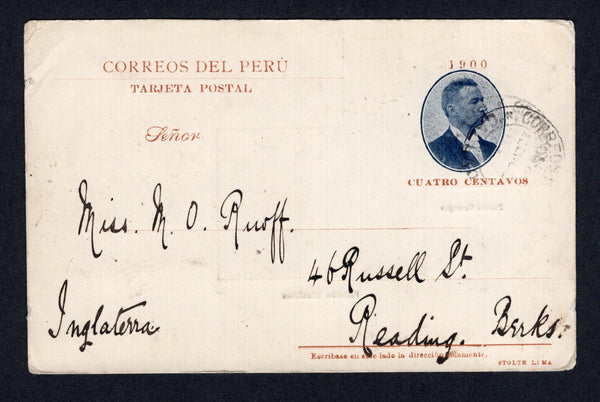 PERU - 1902 - POSTAL STATIONERY: 4c bluish black & brown postal stationery viewcard (H&G 52) with double view in brown on reverse of 'Puente Verrugas' (showing a train crossing a bridge) and 'Estacion Miraflores' used with light CALLAO cds dated JAN 1902. Addressed to UK. Couple of small peripheral faults.  (PER/38474)