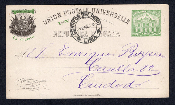 PERU - 1898 - POSTAL STATIONERY: 1c green on 5c black 'New Years Greeting' postal stationery card (H&G 31) used with LIMA cds dated 1 JAN 1898. Addressed locally showing the correct use of this card.  (PER/39212)