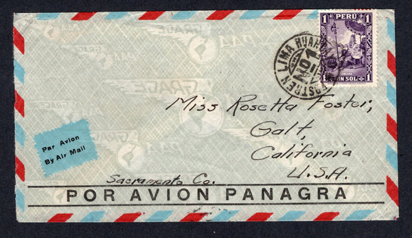 PERU - 1934 - TRAVELLING POST OFFICES: Airmail cover franked with single 1934 1s deep violet (SG 543) tied by superb strike of circular undated POSTREN LIMA HUANCAYO No.1 cancel in black. Addressed to USA with LIMA 3 transit cds dated 12 DIC 1934 on reverse. A rare Peruvian TPO.  (PER/39218)