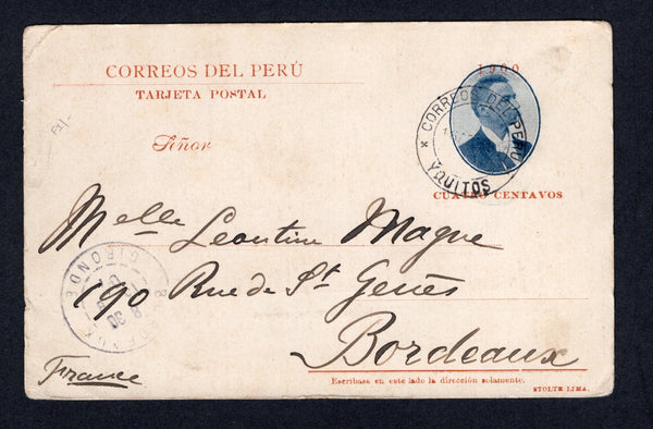PERU - 1904 - POSTAL STATIONERY: 4c bluish black & brown postal stationery viewcard (H&G 52) with view in brown on reverse of 'Puente de Piedra, Arequipa' used with fine YQUITOS cds dated 16 AGO 1904. Addressed to FRANCE with arrival cds on front.  (PER/39497)