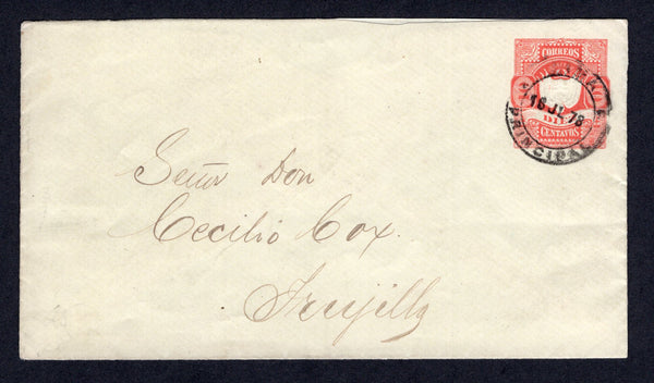 PERU - 1878 - POSTAL STATIONERY: 10c red on pale yellow LAID paper postal stationery envelope (H&G B3b) used in the correct first period with LIMA PRINCIPAL cds dated 16 JUL 1878. Addressed to TRUJILLO. These envelopes are scarce used prior to the Pacific War.  (PER/39531)
