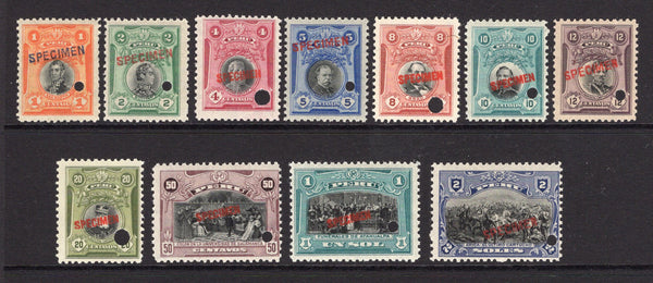 PERU - 1918 - SPECIMENS: 'Portrait' issue, the set of eleven each stamp overprinted 'SPECIMEN' in red with small hole punch. (SG 406/416)  (PER/39641)