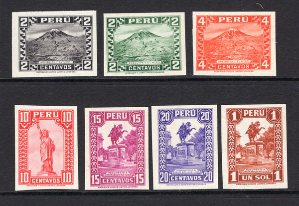 PERU - 1934 - PROOFS: Waterlow' colour change definitive issue, the set of seven IMPERF PLATE PROOFS, gummed. (SG 527/533)  (PER/39654)