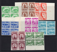 PERU - 1938 - PROOF: 'Waterlow' mono-colour POSTAGE issue, the set of eight in fine IMPERF PLATE PROOF blocks of four, gummed. (SG 640/647)  (PER/39668)