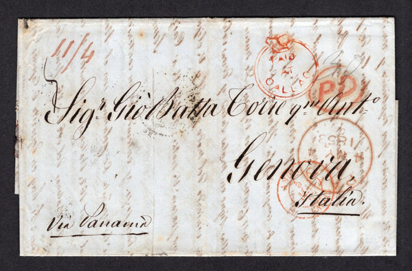 PERU - 1853 - BRITISH POST OFFICES: Complete folded letter datelined 'Lima Marzo 12 de 1853' with superb strike of the 'Crowned' PAID AT CALLAO cancel of the British P.O. in red on front (SG CC2) and CALLAO British P.O. cds dated MAR 26 1853 in black on reverse. Addressed to ITALY rated 11/4 in red manuscript on front with USA 'PAID' cds and oval 'PD' in red and CALAIS transit cds also in red all on front with various Italian transit and arrival marks on reverse. A superb cover of exceptional quality.  (PE