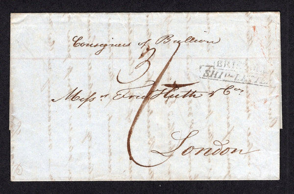 PERU - 1838 - MARITIME MAIL & ROUTING: Complete folded letter datelined 'Lima 14 March 1838' and with 'Pr H.M.S. Basilisk' also inside and further endorsed 'Consigners of Bullion' on front at top. Addressed to LONDON, ENGLAND with fair strike of boxed BRISTOL SHIP LETTER marking in black abd rated '3/-' in manuscript. The cover has a handwritten notation on reverse 'The treasure is forwarded by H.M.S. Stag to Rio de Janeiro and from thence it will be forwarded to England'. British arrival cds in red on rev