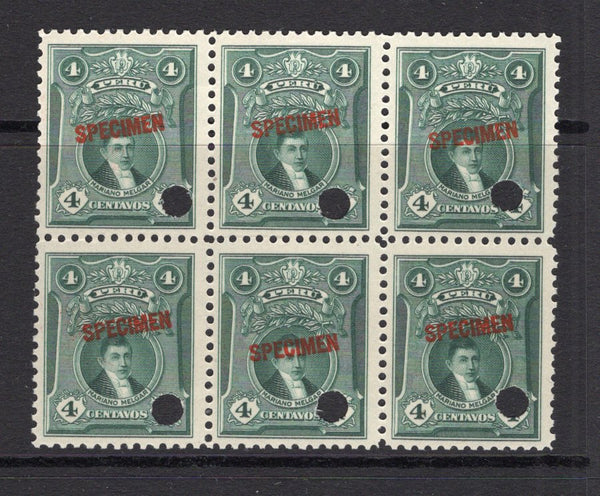 PERU - 1924 - SPECIMENS: 4c blue green 'Melgar' PORTRAIT issue, a fine block of six each stamp overprinted SPECIMEN in red with small hole punch. Ex ABNCo. Archive. (SG 432)  (PER/40965)