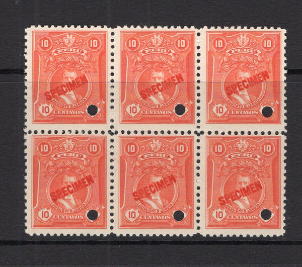PERU - 1924 - SPECIMENS: 10c vermilion 'Leguiar' PORTRAIT issue, a fine block of six each stamp overprinted SPECIMEN in red with small hole punch. Ex ABNCo. Archive. (SG 434)  (PER/40966)