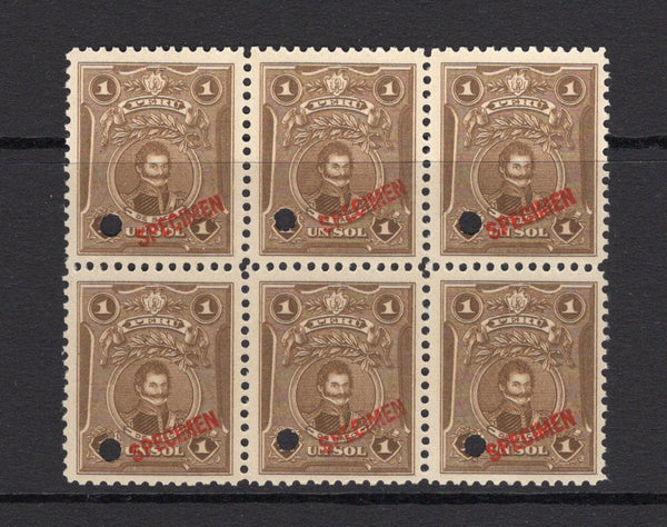 PERU - 1924 - SPECIMENS: 1s bistre 'De Saco' PORTRAIT issue, a fine block of six each stamp overprinted SPECIMEN in red with small hole punch. Ex ABNCo. Archive. (SG 439)  (PER/40967)