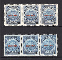 PERU - 1924 - REVENUES: 30s deep blue 'Ley 4936' DEFENSA NACIONAL 'Revenue' issue for use on passports to raise funds for national defence, two strips of three from very different printings in dark blue and bright blue each stamp overprinted SPECIMEN in red with small hole punch. Ex ABNCo. Archive. (Akerman & Moll #1D)  (PER/40968)