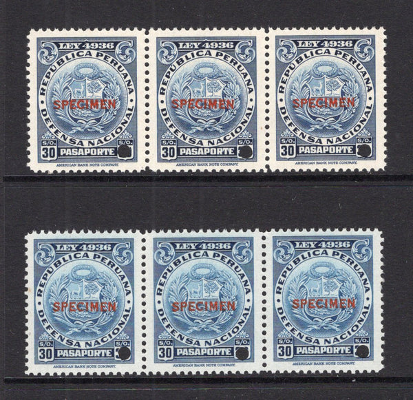 PERU - 1924 - REVENUES: 30s deep blue 'Ley 4936' DEFENSA NACIONAL 'Revenue' issue for use on passports to raise funds for national defence, two strips of three from very different printings in dark blue and bright blue each stamp overprinted SPECIMEN in red with small hole punch. Ex ABNCo. Archive. (Akerman & Moll #1D)  (PER/40968)