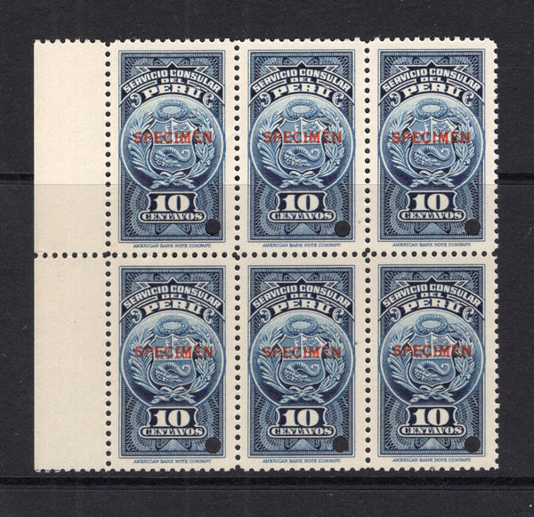 PERU - 1938 - REVENUE & SPECIMENS: 10c deep blue ABNCo. 'Consular' REVENUE issue, a fine side marginal block of six each stamp overprinted 'SPECIMEN' in red with small hole punch. Ex ABNCo. Archive. (Akerman & Moll #95)  (PER/40970)