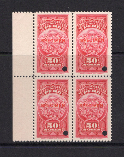 PERU - 1938 - REVENUE & SPECIMENS: 50s carmine ABNCo. 'Consular' REVENUE issue, the top value in a fine side marginal block of four each stamp overprinted 'SPECIMEN' in red with small hole punch. Ex ABNCo. Archive. (Akerman & Moll #102D)  (PER/40971)