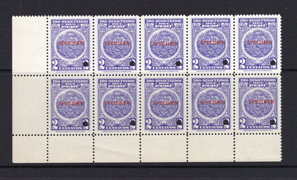 PERU - 1937 - REVENUE & SPECIMEN: 2c violet 'Pro-Desocupados' REVENUE issue to raise tax for the Unemployed. A fine corner marginal block of ten each stamp overprinted 'SPECIMEN' in red and with small hole punch. Ex ABNCo. Archive. (Akerman & Moll #32)  (PER/40972)