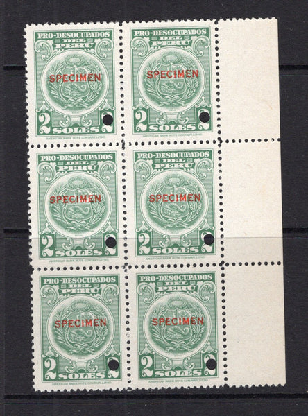 PERU - 1937 - REVENUE & SPECIMEN: 2s light green 'Pro-Desocupados' REVENUE issue to raise tax for the Unemployed. A fine marginal block of six each stamp overprinted 'SPECIMEN' in red and with small hole punch. Ex ABNCo. Archive. (Akerman & Moll #41)  (PER/40974)