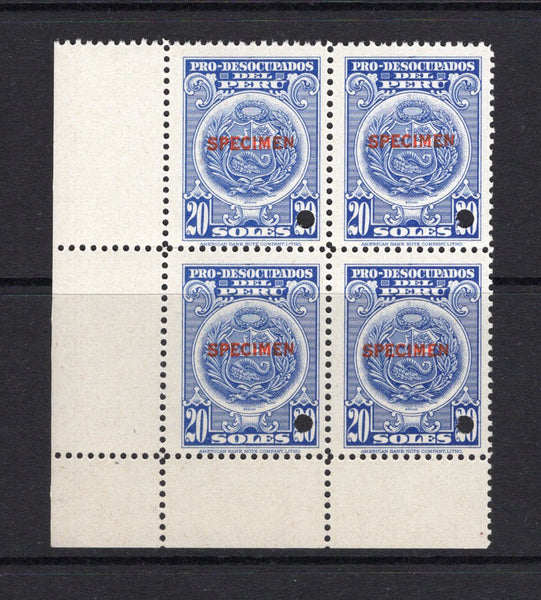 PERU - 1937 - REVENUE & SPECIMEN: 20s royal blue 'Pro-Desocupados' REVENUE issue to raise tax for the Unemployed. A fine corner marginal block of four each stamp overprinted 'SPECIMEN' in red and with small hole punch. Ex ABNCo. Archive. (Akerman & Moll #44)  (PER/40975)