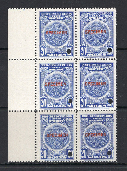 PERU - 1937 - REVENUE & SPECIMEN: 20s royal blue 'Pro-Desocupados' REVENUE issue to raise tax for the Unemployed. A fine marginal block of six each stamp overprinted 'SPECIMEN' in red and with small hole punch. Ex ABNCo. Archive. (Akerman & Moll #44)  (PER/40976)