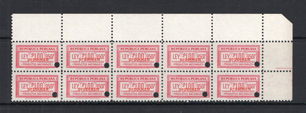 PERU - 1946 - REVENUE & SPECIMEN: 1s rose 'Timbre Antituberculoso' REVENUE issue to raise tax for TB. A fine corner marginal block of ten each stamp overprinted 'SPECIMEN' in red and with small hole punch. Ex ABNCo. Archive. (Akerman & Moll #134)  (PER/40977)