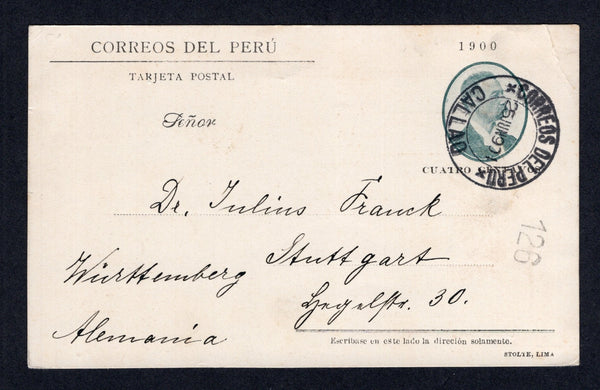 PERU - 1904 - POSTAL STATIONERY: 4c greenish black & black postal stationery viewcard (H&G 51) with view in brown on reverse of 'Calle de Mercaderes - Lima' used with CALLAO cds dated 25 JUN 1904. Addressed to GERMANY. Light corner crease.  (PER/41090)