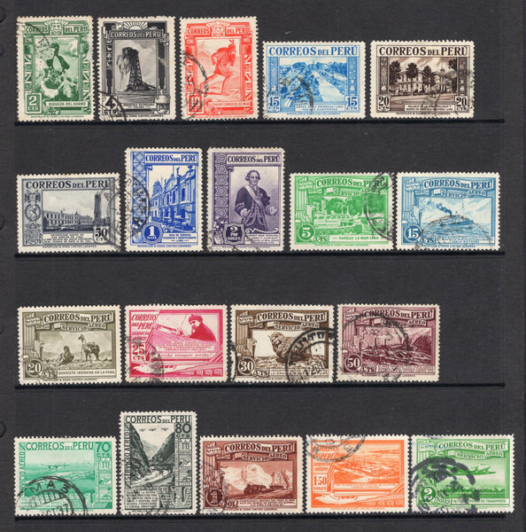 PERU - 1937 - DEFINITIVE ISSUE: 'Waterlow' COLOUR CHANGE issue, both postage and airmail sets fine cds used. Difficult to assemble. (SG 616/634)  (PER/41291)