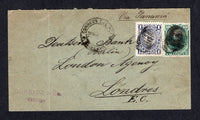 PERU - 1898 - BERMUDEZ HEAD ISSUE: Cover franked with 1886 1c violet and 1894 10c green with 'Bermudez Head' overprint (SG 278 & 299) tied by dumb 'Bars' cancel in black with CHICLAYO cds alongside, Addressed to UK with PAYTA transit cds on reverse. Light vertical crease at left.  (PER/41396)