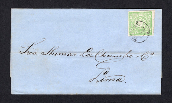 PERU - 1870 - CLASSIC ISSUES: Cover franked with fine four margin 1868 1d yellow green 'Le Coq' issue (SG 20) tied by TRUXILLO cds dated 1870. Addressed to LIMA with arrival cds on reverse. Very fine.  (PER/41397)