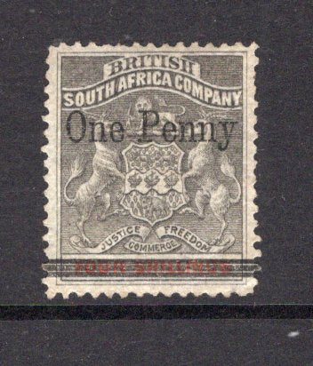 RHODESIA - 1896 - PROVISIONAL ISSUE: 'One Penny' on 4/- grey black & vermilion 'Matabele Rebellion' PROVISIONAL issue, a fine mint copy. Rare stamp. (SG 52)  (RHO/15479)