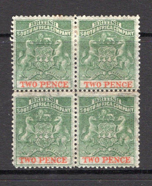 RHODESIA - 1892 - MULTIPLE: 2d deep dull green & vermilion 'Arms' issue, a fine mint block of four showing paper makers watermark. (SG 20)  (RHO/15480)