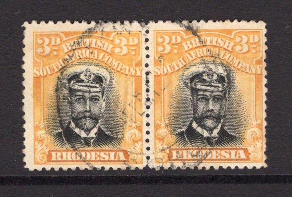 RHODESIA - 1913 - ADMIRAL ISSUE: 3d black & yellow 'Admiral' issue, Die 1, perf 14, a fine cds used pair. (SG 210)  (RHO/15498)