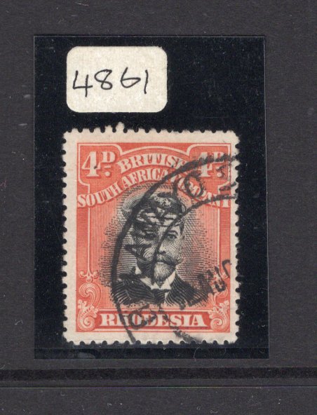 RHODESIA - 1913 - ADMIRAL ISSUE: 4d black & deep orange vermilion 'Admiral' issue, Die 2, perf 15. A fine used copy with part BULAWAYO cds. A rare stamp. With 1979 Philatelic Federation of Southern Africa certificate. (SG 245)  (RHO/15499)
