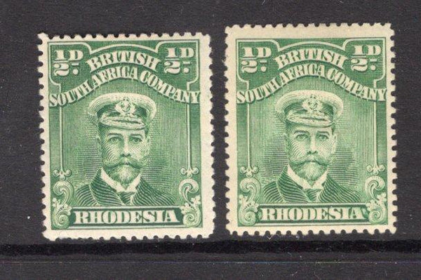 RHODESIA - 1913 - ADMIRAL ISSUE: ½d blue green and ½d green 'Admiral' issue, perf 15, both shades fine mint. (SG 202/203)  (RHO/15511)