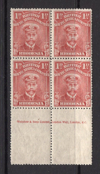 RHODESIA - 1913 - ADMIRAL ISSUE: 1d brown red 'Admiral' issue, perf 15, a fine mint bottom marginal block of four with 'Waterlow & Sons Limited, London Wall, London. E.C.' IMPRINT in margin. Very fine. (SG 205)  (RHO/15512)