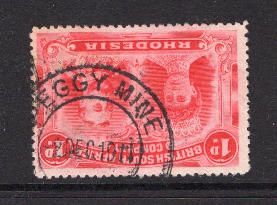 RHODESIA - 1910 - CANCELLATION: 1d rose red 'Double Head' issue, perf 14 used with fine strike of PEGGY MINE cds dated 2 DEC 1911. (SG 125)  (RHO/15536)