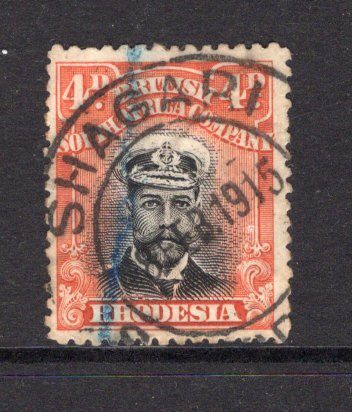RHODESIA - 1913 - ADMIRAL ISSUE: 4d black & orange red 'Admiral' issue, Die 1, perf 14. A fine used copy with SHAGARI cds dated 8 FEB 1915. (SG 211)  (RHO/15540)