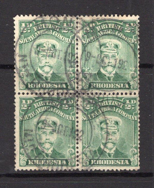 RHODESIA - 1913 - CANCELLATION & MULTIPLE: ½d dull green 'Admiral' issue, perf 14, a fine block of four used with multiple strikes of MONZE N. RHODESIA cds dated 9 OCT 1920. (SG 188b)  (RHO/15542)
