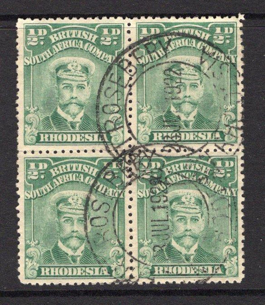 RHODESIA - 1913 - CANCELLATION & MULTIPLE: ½d dull green 'Admiral' issue, perf 14, a fine block of four used with multiple strikes of FORT ROSEBERY N. RHODESIA cds dated 28 JUL 1922. (SG 188b)  (RHO/15543)