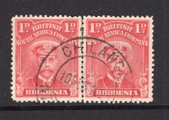 RHODESIA - 1913 - CANCELLATION: 1d rose red 'Admiral' issue, perf 14, a fine pair used with good part strike of CHILANGA N. RHODESIA cds dated 10 FEB 1923. (SG 195)  (RHO/15545)