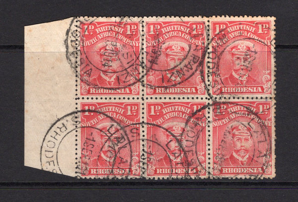 RHODESIA - 1913 - CANCELLATION & MULTIPLE: 1d rose carmine 'Admiral' issue, perf 14, a fine marginal block of six used with multiple strikes of LALAPANZI cds dated 1 SEP 1914. (SG 190)  (RHO/15547)