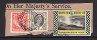 RHODESIA - NORTHERN RHODESIA - 1954 - CINDERELLA: 3d scarlet GVI issue and Rhodesia & Nyasaland 1954 1/- grey black QE2 issue used on 'OHMS' piece by RIDGEWAY cds with fine 'Northern Rhodesia - Victoria Falls from the Air' blue, black & yellow CINDERELLA label tied alongside. (SG 35 & 9)  (RHO/15556)