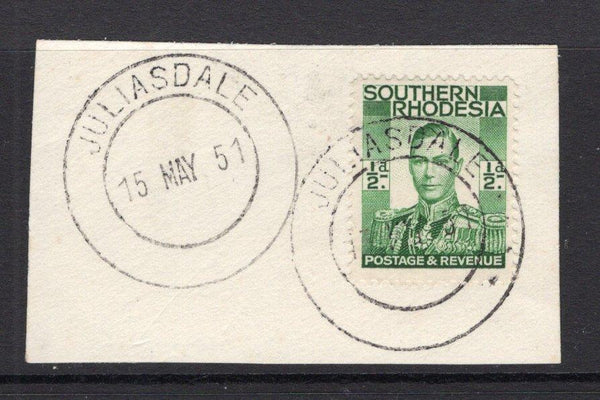 RHODESIA - SOUTHERN RHODESIA - 1937 - CANCELLATION: ½d green GVI issue, a fine used copy on piece tied by fine JULIASDALE cds dated 15 MAY 1951 (first day of operation) with second strike alongside. (SG 40)  (RHO/15561)