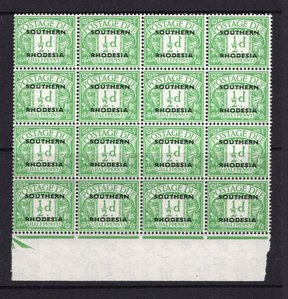 RHODESIA - 1951 - SOUTHERN RHODESIA - POSTAGE DUE & MULTIPLE: ½d green 'Postage Due' issue of Great Britain with SOUTHERN RHODESIA overprint, a fine mint bottom marginal block of sixteen. (SG D1)  (RHO/15564)