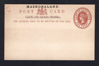 RHODESIA - 1893 - POSTAL STATIONERY: 1d red brown QV postal stationery card of the Cape of Good Hope with 'MASHONALAND' overprint in black (H&G 2). A fine unused example.  (RHO/22133)
