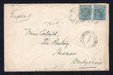 RHODESIA - 1904 - CANCELLATION: Cover franked with pair 1898 2½d dull blue 'Arms' issue (SG 80) tied by FORT JAMESON N.E. RHODESIA cds's with additional strike alongside. Addressed to UK with SALISBURY transit cds and UK arrival cds on reverse.  (RHO/22154)